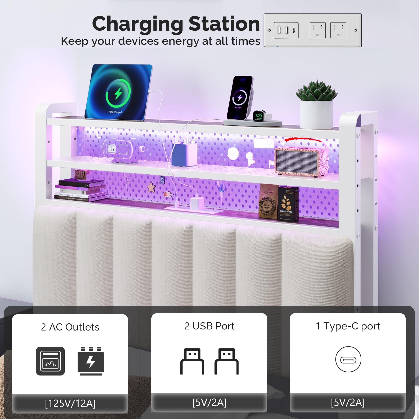 Zimtown Headboard for Twin Size Bed with Storage, Linen Upholstered Head Board with LED Light and Charging Station, White