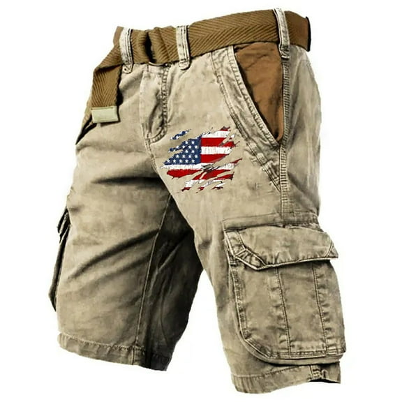 Patriotic Shorts for Men Patriotic Graphic Distressed Washed Shorts with Pocket Baggy Casual Hiking Outdoor Golf Cargo Shorts 250 Year American Anniversary American Flag Patriotic Shorts,Brown XL