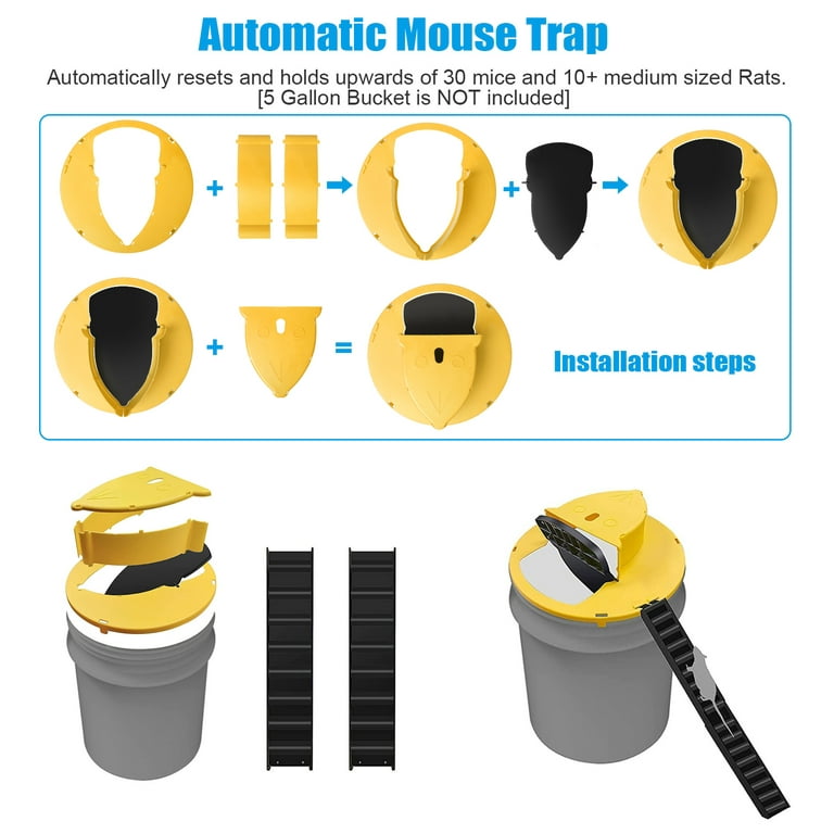 3 Pack Mouse Trap Bucket, Automatic Reset Slide Bucket Lid Mouse Trap,  Humane or Lethal, Flip Lid Mouse Traps Auto Reset, Indoor Outdoor, 5 Gallon