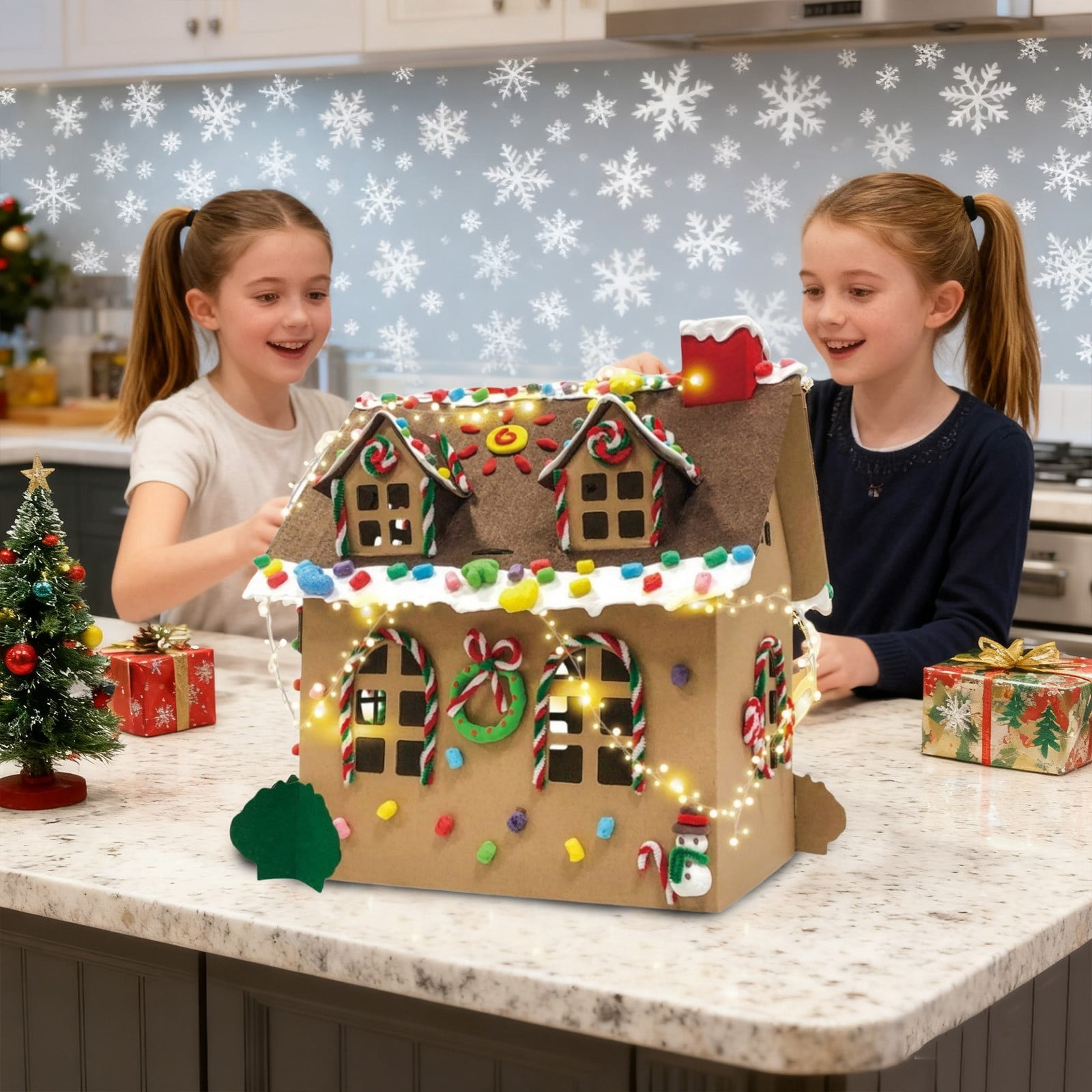 LGHDIWN DIY Wooden Christmas Gingerbread House Kit to Build with Paint Paintbrushes and Gingerbread Man Stickers 3D Christmas Tree Ornaments for Fun Craft Activity Creative DIY Art Project
