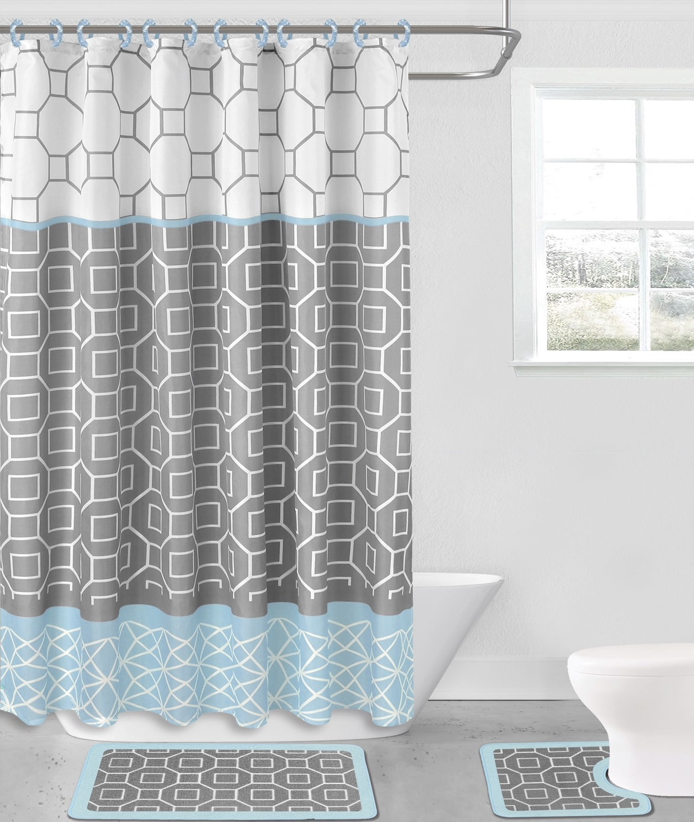 Waterproof Fabric Shower Curtain Liner 12 Hooks Blue Pastel Flowers Bathroom Mat 