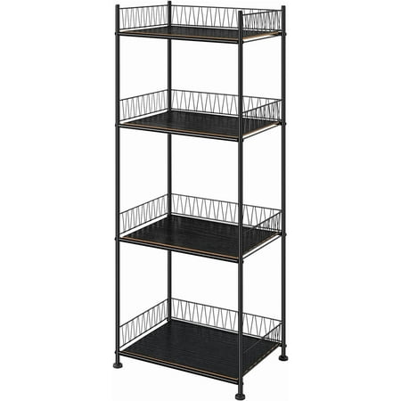 4 Tier Bathroom Storage Rack Metal Shelving Unit Organizer with Wood Shelves, Black