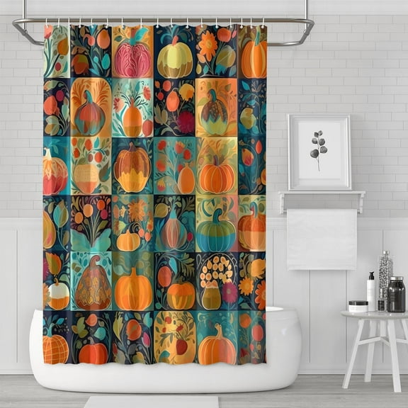 Fall Maple Leaves Pumpkins Shower Curtain,Reusable Bathtub Curtains with Hooks Basic Polyester Fabric Curtains for Thanksgiving Day Fall Party Home Decor