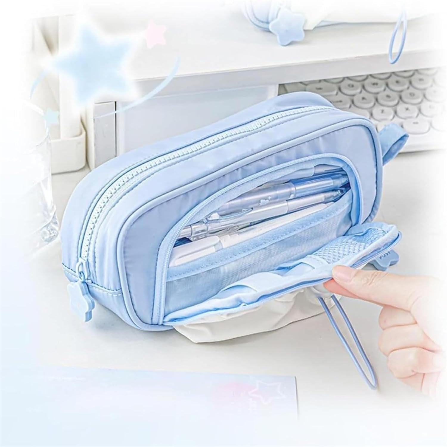 Rosy Posy Pencil Case,Large Capacity Drawstring Multi-Pocket Design, Waterproof, Soft,Simplicity Solid Color Kawaii Pencil Bag High Capacity Stationery Storage Bag Student