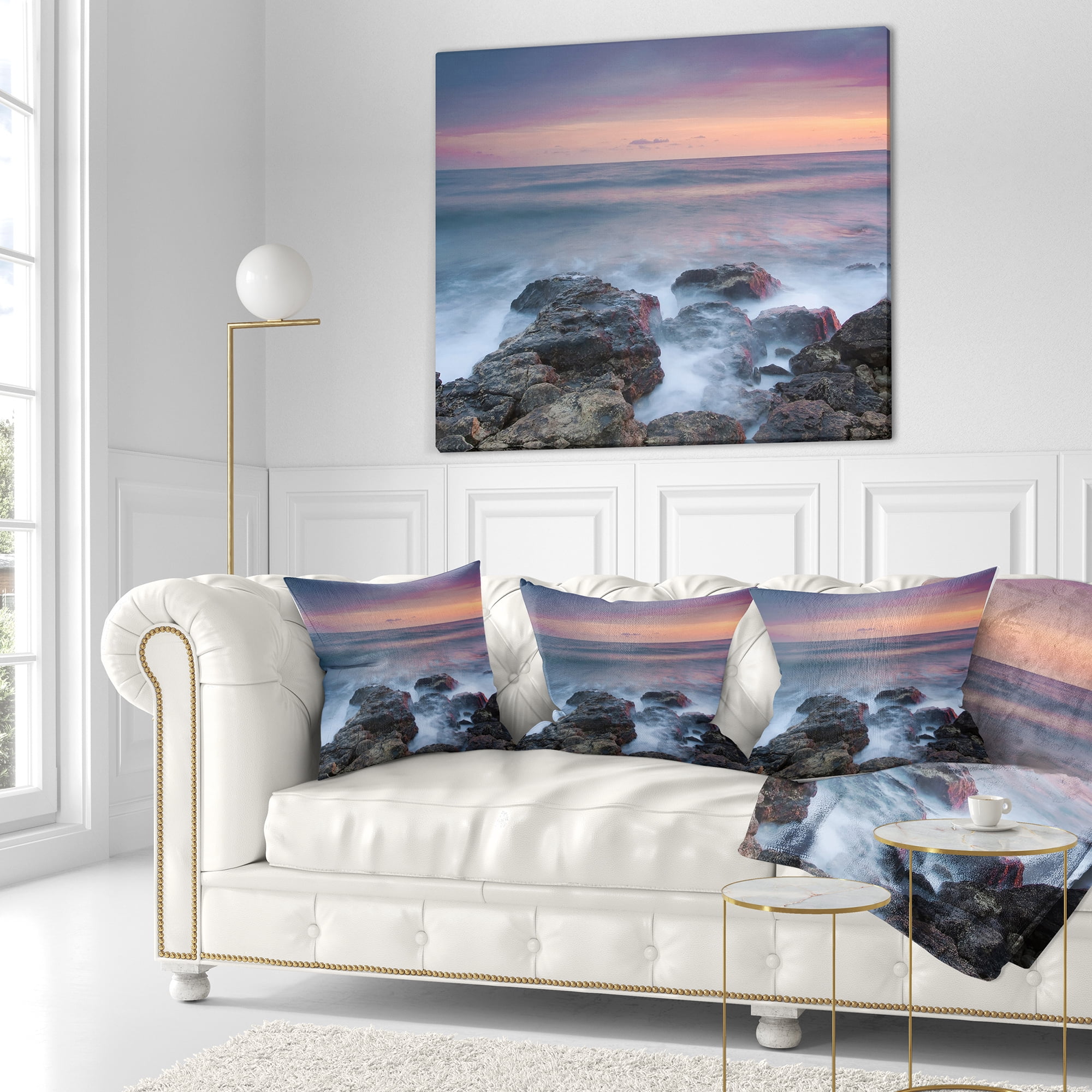 Designart Blue Rocky Sea Beach Sunset - Modern Landscape Printed Throw Pillow - 16x16