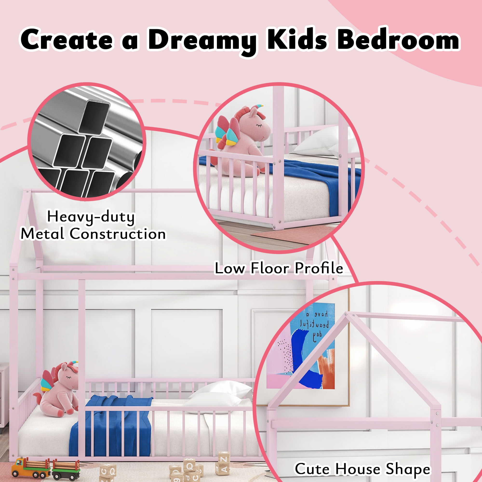 Full Size Metal House Bed Frame with Rails, Montessori Floor Bed  without Slats (Pink)