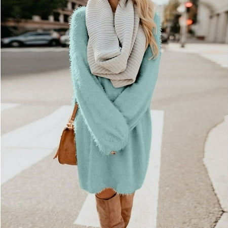 Women Winter Sweater Knit Turtleneck Warm Long Sleeve Pocket Mini Sweater Dress Blue M Women s Dress | Walmart (US)