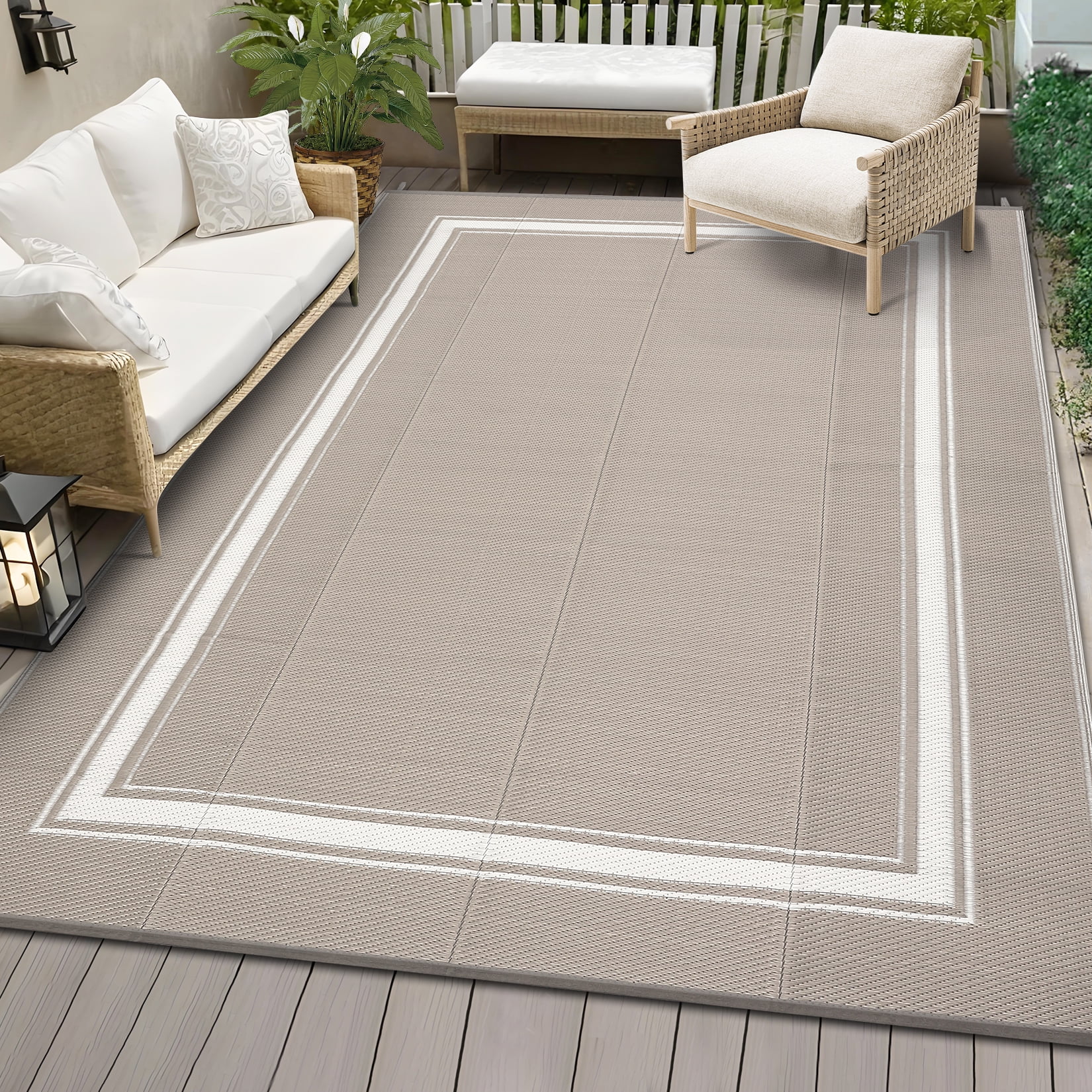 Garvee 9'x18' Waterproof Outdoor Rug, Reversible Patio Area Rug Indoor Outdoor Carpet, Plastic Modern Geometric Carpet for RV Camping Deck Balcony Porch Picnic, Gray Coffee