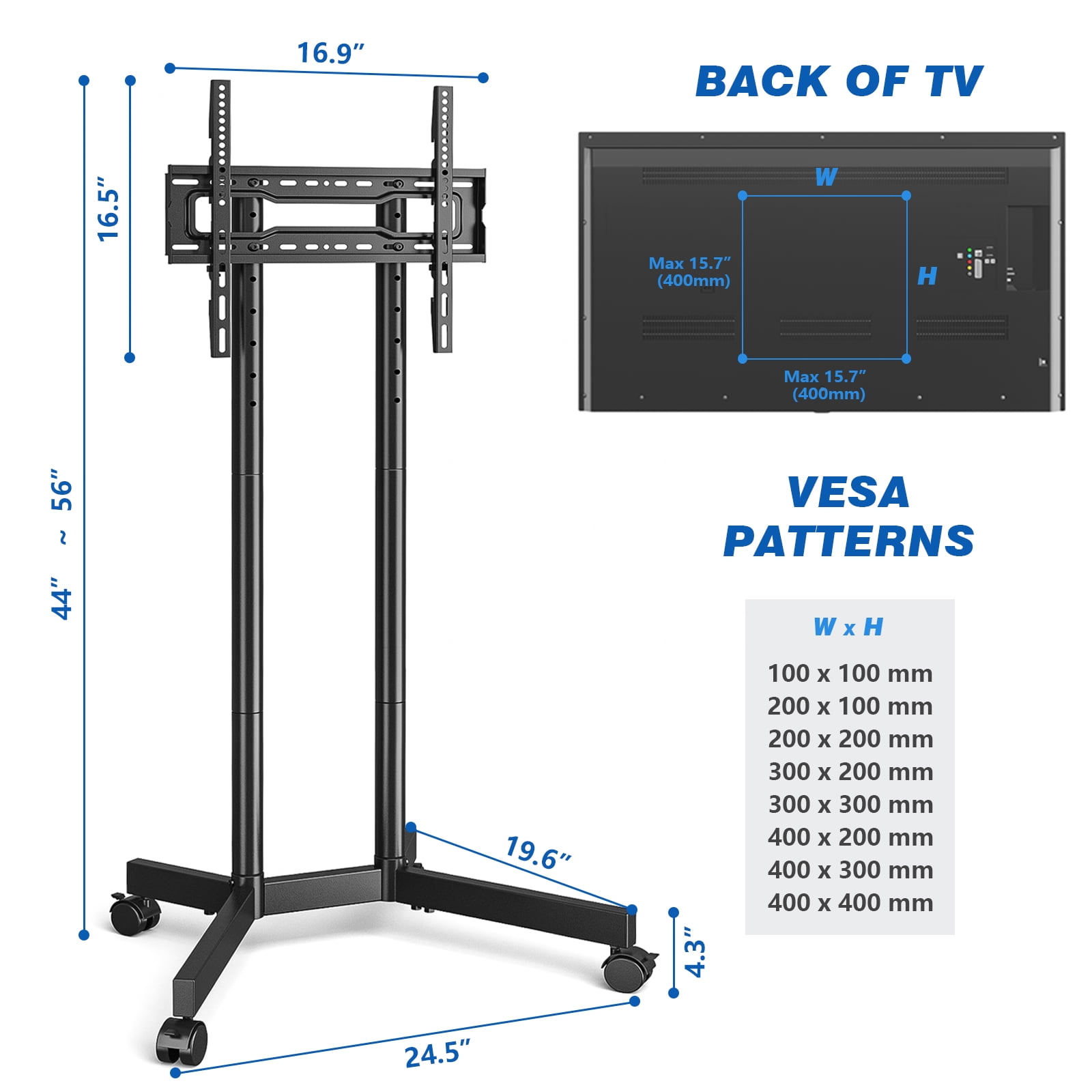RTVR Rolling TV Cart Stand for 32 to 70 inch Flat Curved Screens, Portable Mobile TV Stand on Wheels, Metal Black