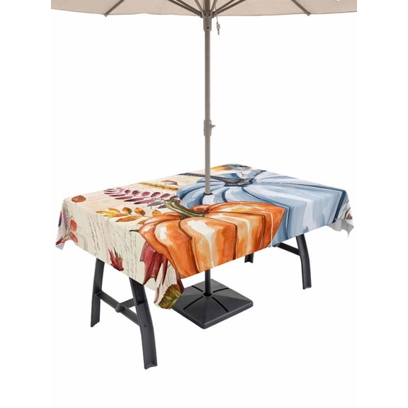 Outdoor Tablecloth with Umbrella Hole and Zipper, Fall Pumpkin Rectangle Table Cloth 60x102 Inch Waterproof Tablecloth, Thanksgiving Orange Blue White Leaves Picnic Table Cover for Patio Camping