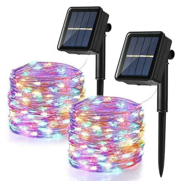 Colorful Outdoor Decor, Solar Powered Waterproof Flexible Copper Wire 8 Lighting Modes Memory Function Twinkle Lights for Garden Party Tree (Pack of 2)