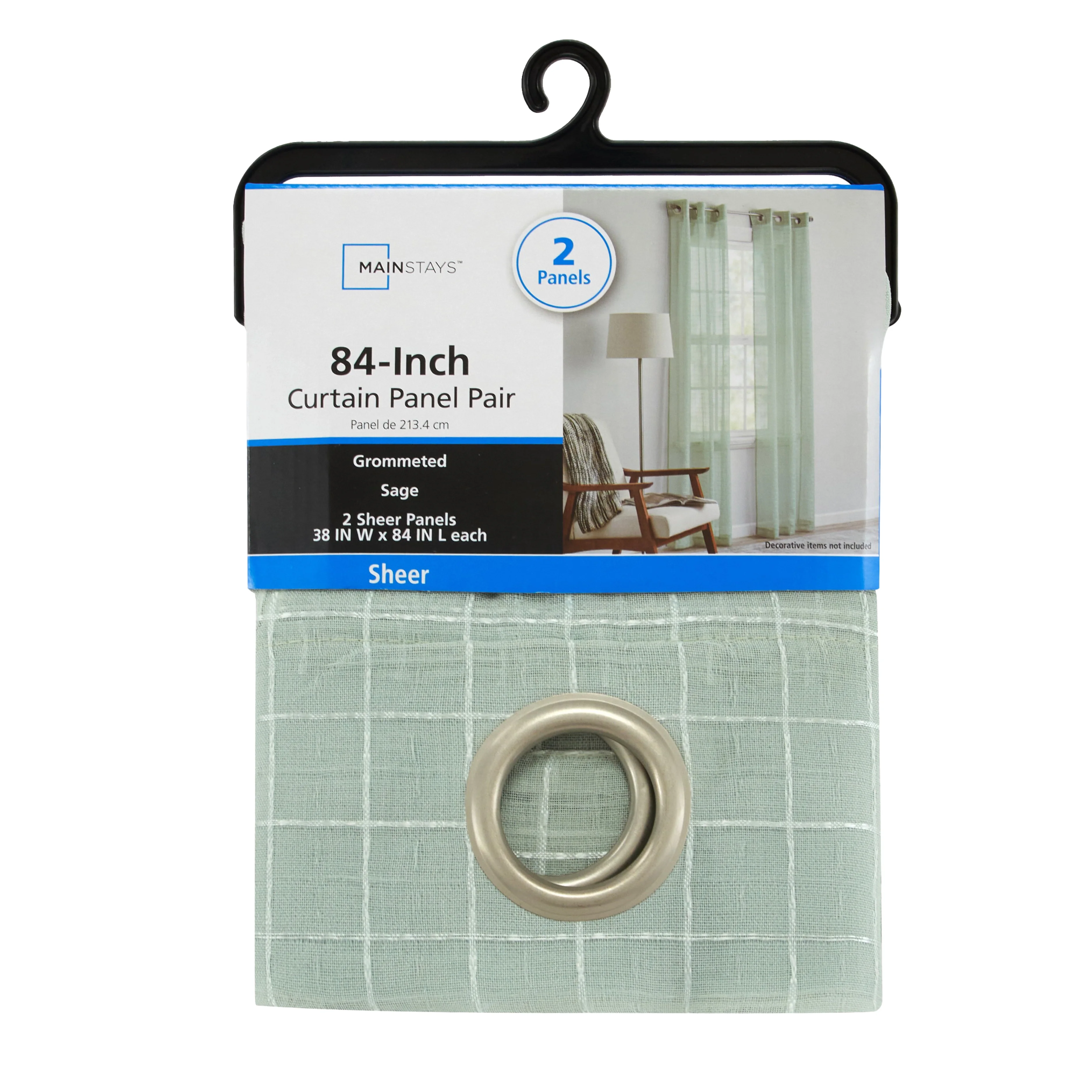 Mainstays Windowpane Sheer Curtain Panel Pair, Set of 2, Soft Sea, 38" W x 84" L