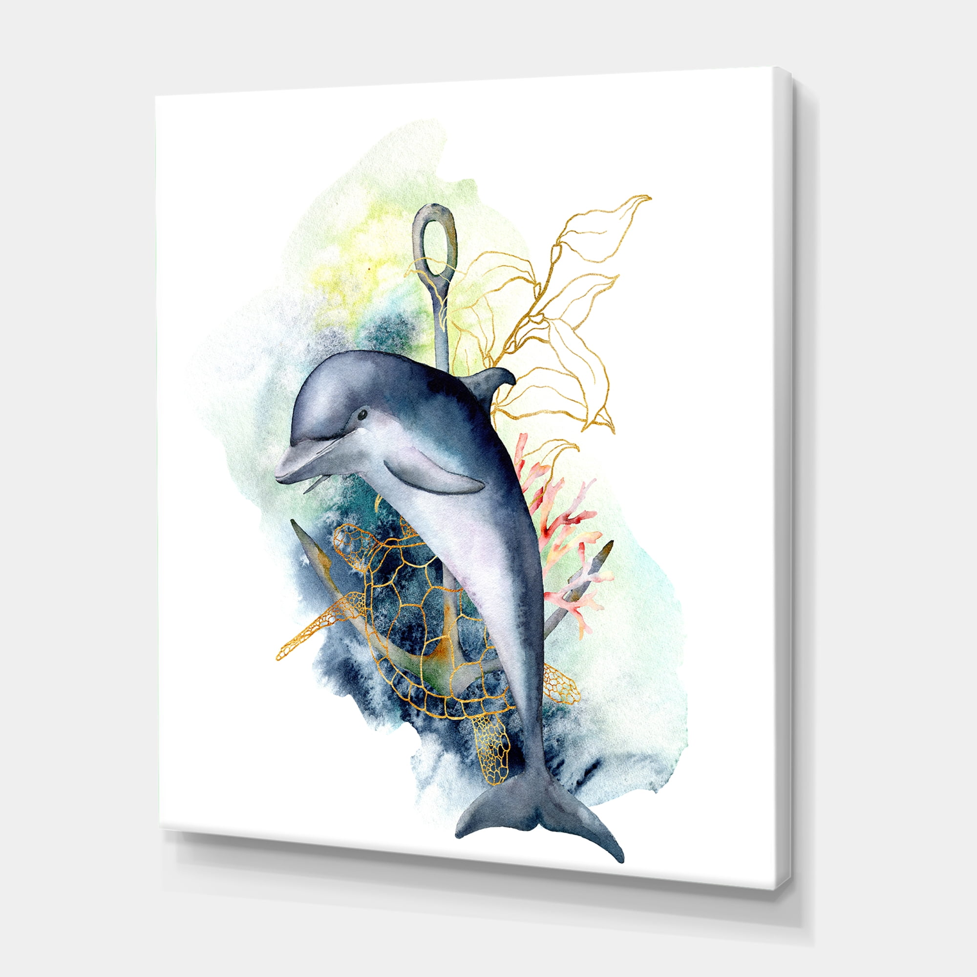 Designart ' Linear Coral Reef Plants and Dolphin Turtle Anchor ' Nautical & Coastal Canvas Wall Art Print