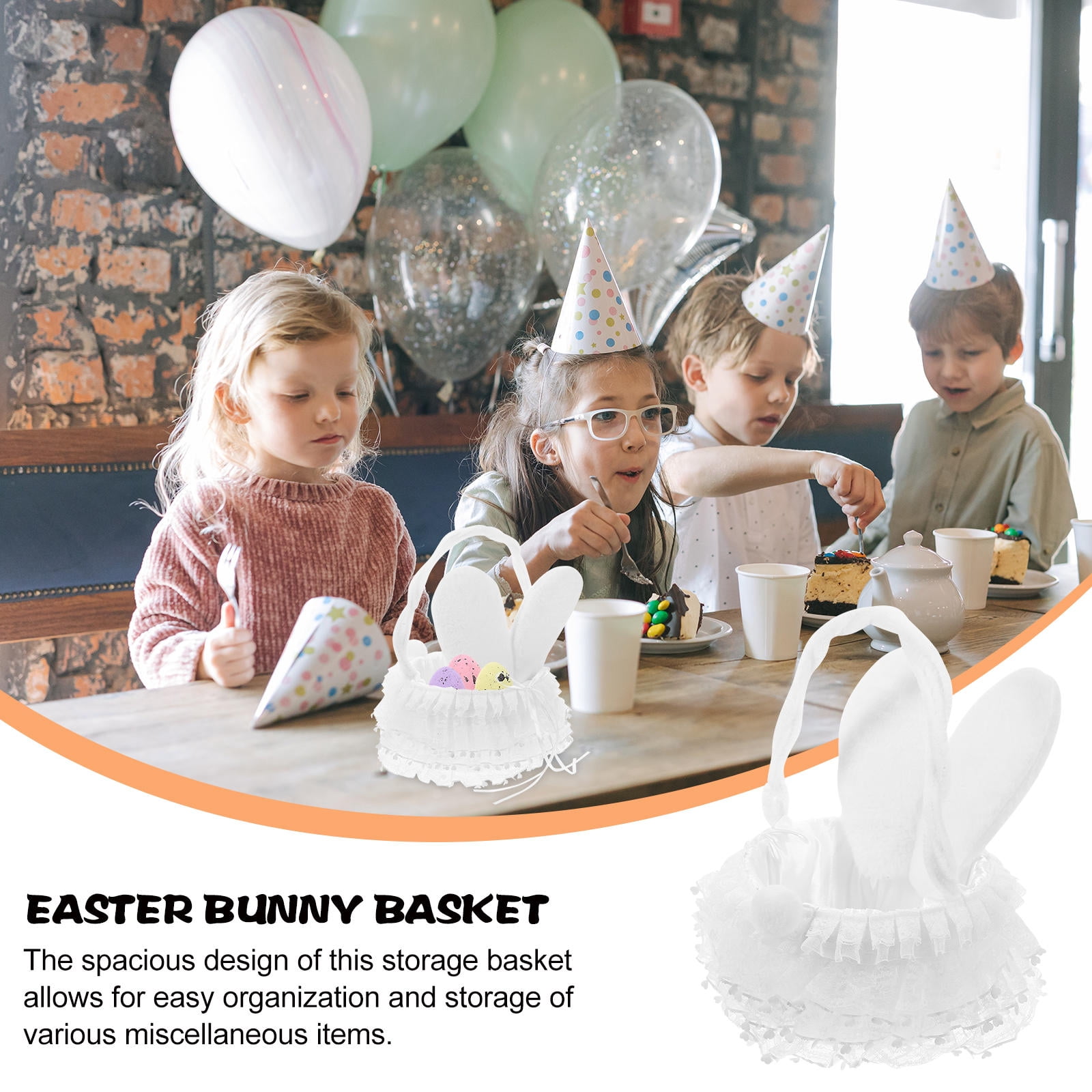 YOSADIER White Easter Basket with Handle, Bunny and Floral Pattern, Lightweight Decorative Basket for Indoor and Outdoor Use