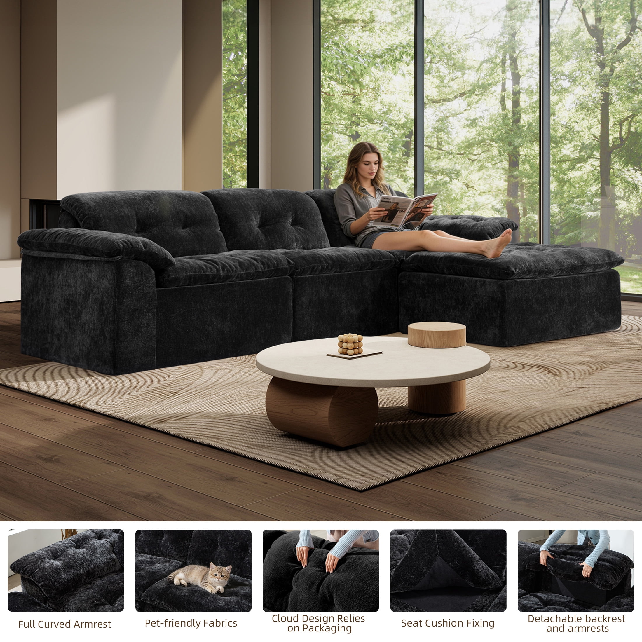 Aukfa 4-Piece L-Shaped Modular Sectional Sofa with Ottoman for Living Room, Ice Flower Chenille, Black