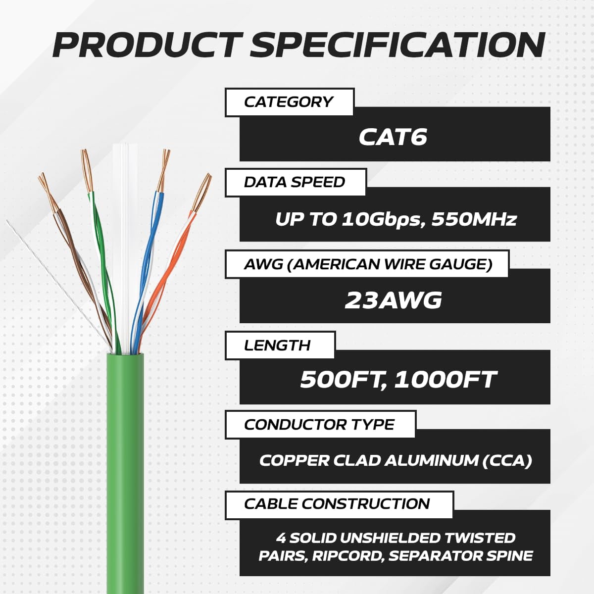 Cables Direct Online 1000ft Cat6 Ethernet Cable Bulk – 23AWG Solid CCA UTP, Unshielded, 550MHz, Pull Box, LAN Network Wire, RJ45 Compatible, Indoor Use, High-Speed Internet, Green