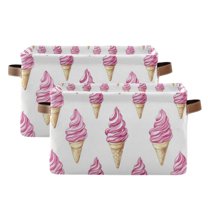 Yayeee 2 Pack Canvas Storage Basket with Handles for Shelves Fabric Bins Closet Organizer, Pink Cartoon Ice Cream