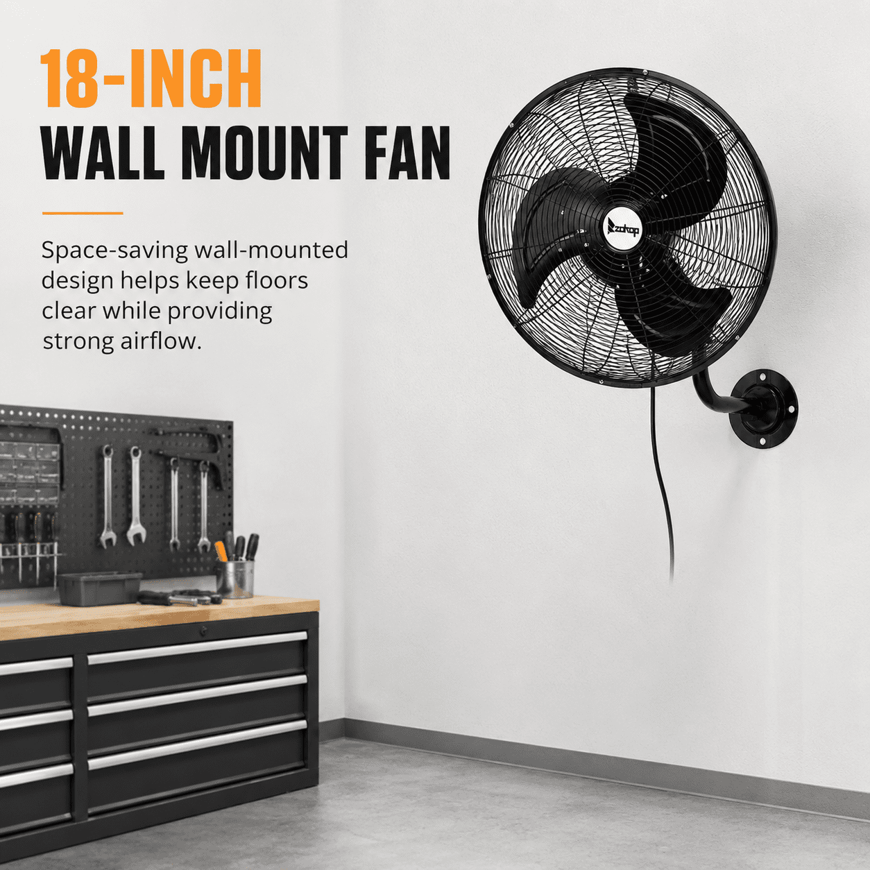 Alvantor 18-Inch Wall Mount Fan, 3-Speed Oscillating Fan, 4592 CFM, 110V, Black