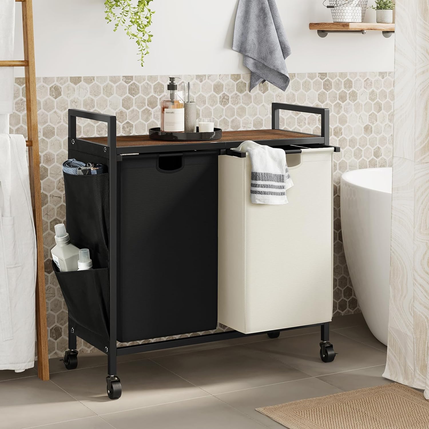 Double Laundry Hamper with Lid,Rolling Laundry Basket Organizer with Wheels, Iron-Made Laundry Sorter with Top Shelf and 2 Removable Bags,Large Clothes Storage for Room,Black and Beige