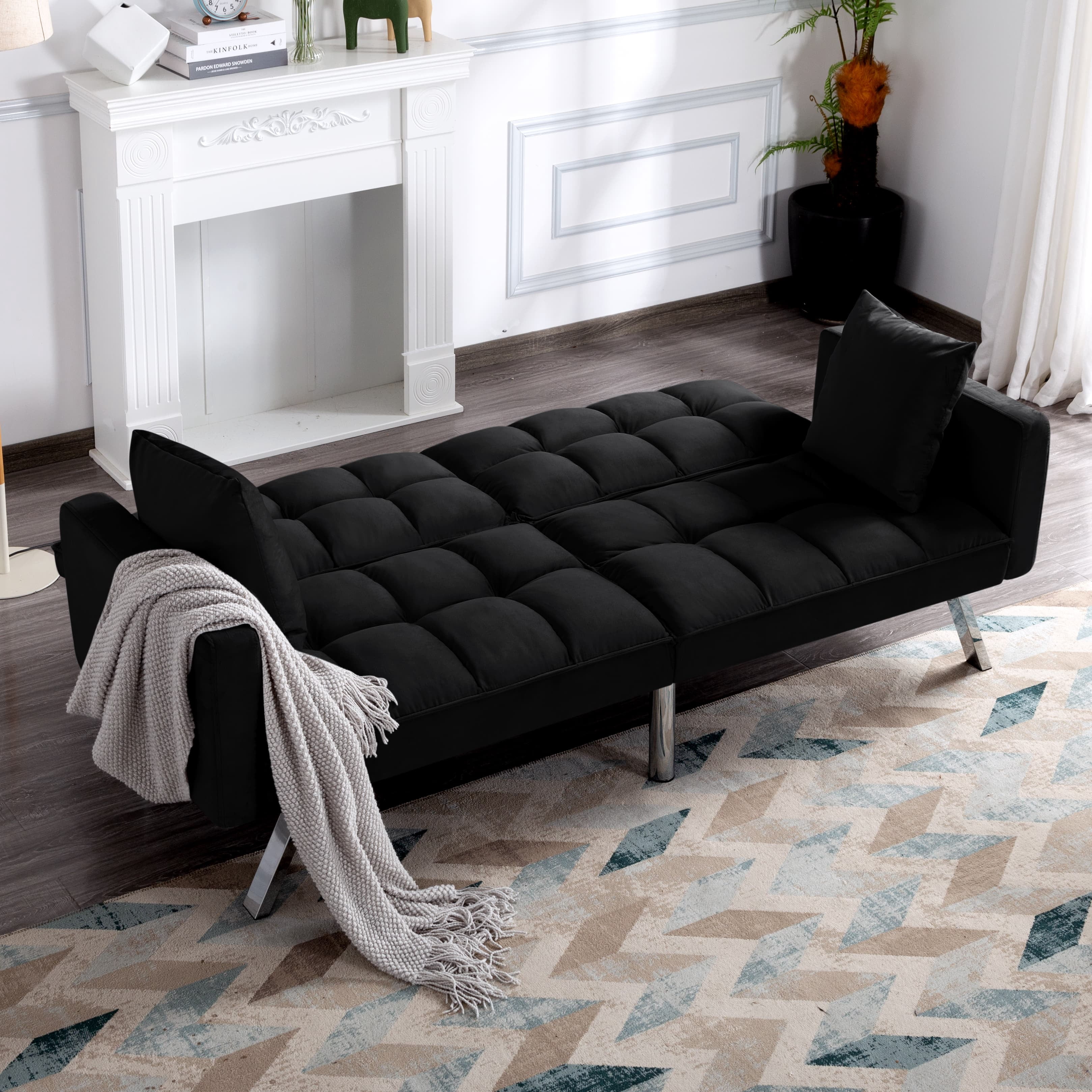 BSHTI Square-tufted Futon Sofa Bed,Twin Size,Black Velvet Fabric Sleeper Sofa,3 Angles for Adjusting Sleeper Sofa,for Home,Office,and Guest Room