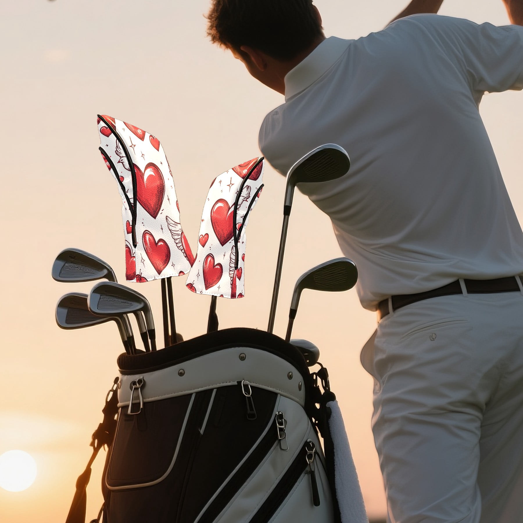 Golf Club Covers PU Leather Waterproof Head Covers for Fairway Woods Hybrids Hand-painted Love Heart