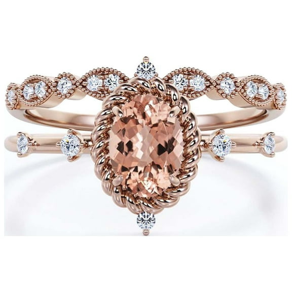 Dazzling Art nouvea 2.00 Carat Oval Cut Morganite And Diamond Moissanite Engagement Ring, Wedding Ring in 925 Sterling Silver With 18k Rose Gold Plating, Compass Ring, Bridal Set, Matching Band