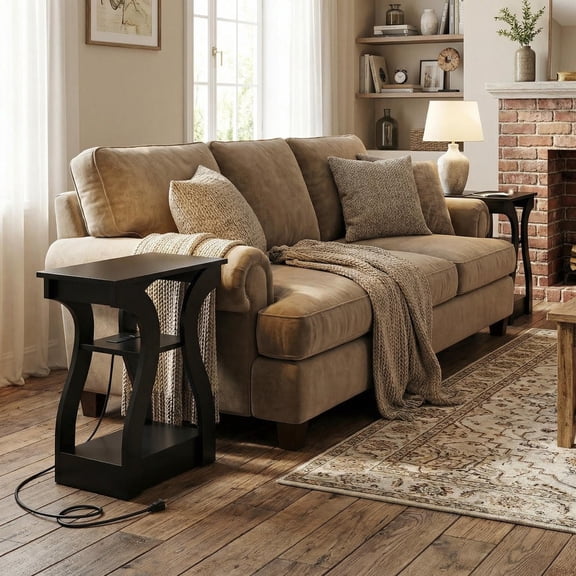 GVN End Tables Set of 2 with 3 Tiers and Charging Station for Living Room, Nightstand with Open Shelves, Black