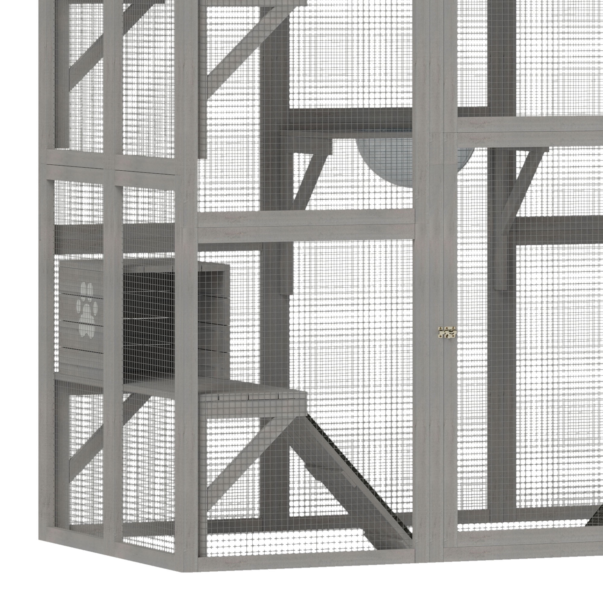 ModFusion 71" Weatherproof Wooden Cat Cage with 5 Platforms & 2 Cozy Houses – Durable Indoor/Outdoor Cat Enclosure with Sisal Stairs & Asphalt Roof