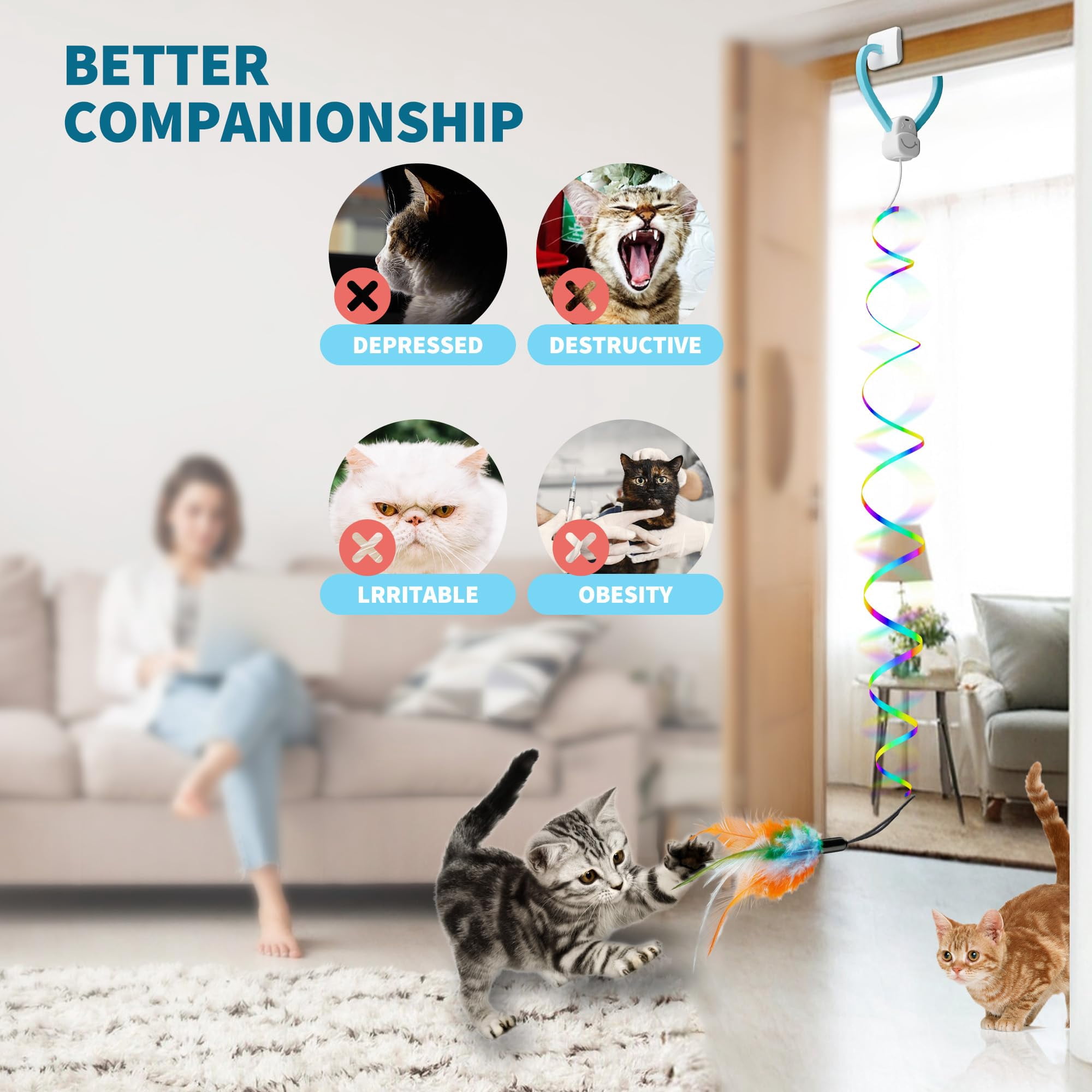 Interactive Cat Toys For Indoor Cats  Automatic Electric Door Hanging With 3 Interchangeable Accessories (feather Mouse Womm Toy) Motion Activated Usb Rechargeable Enrichment Bored