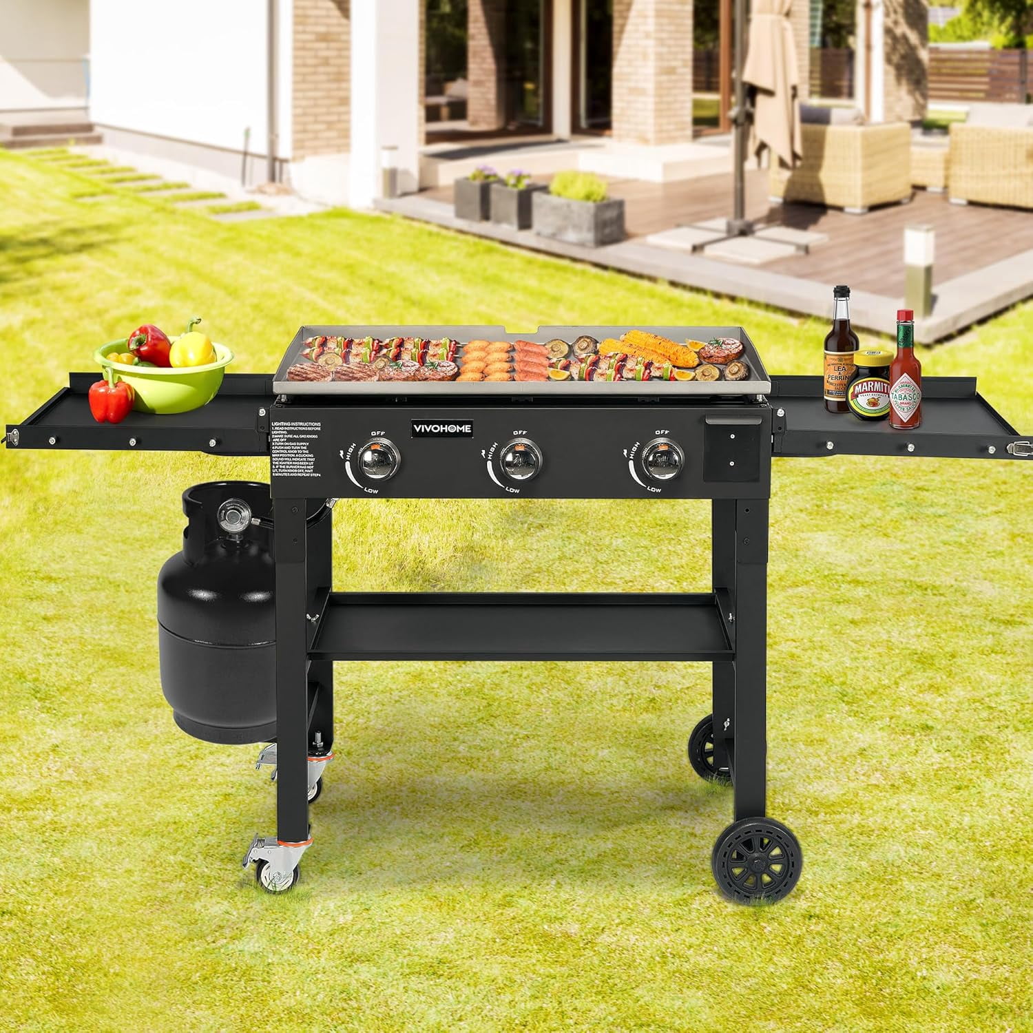 SPECSTAR 3-Burner 45,000 BTU Propane Gas Grill, Folding Flat Top Grill with Side Shelves, Picnics & Family BBQ, Heavy-Duty Rust-Resistant Griddle