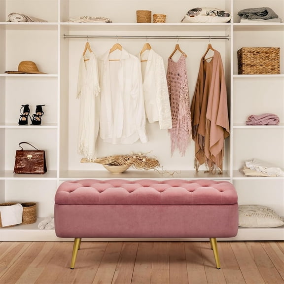 Ottoman with Storage, Velvet Entryway Bench with Safety Hinge, Upholstered Bench with Seating for Bedroom, Living Room, Holds up to 519 lb, Pink