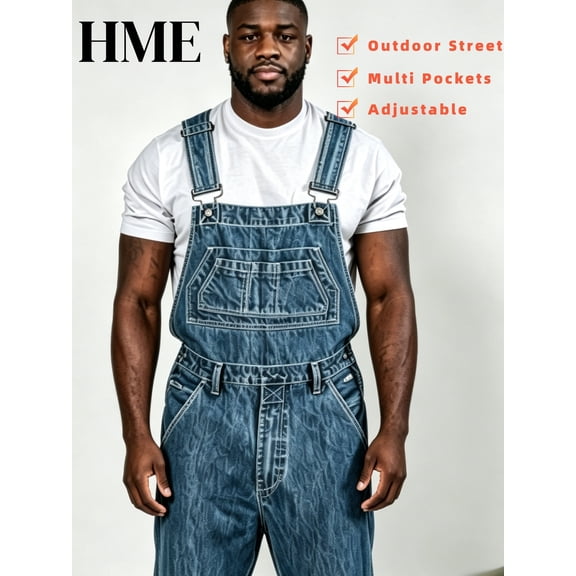 Men's Vintage Washed Denim Bib Overalls - Adjustable Suspenders Multi Pockets Outdoor Streetwear Workwear (S-3XL) | Big & Tall Relaxed Fit Overalls for Casual & Utility Use