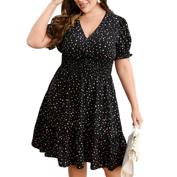 Musefolio Women's summer plump retro wave point draw pleated V-neck all match show thin dress 1X-4X