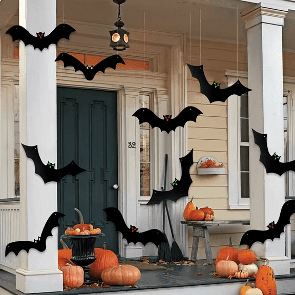 12 pack 3D Scary Hanging Bats with Glow Eyes, Waterproof Easy Setup Halloween Decor for Outdoor Indoor Yard Lawn