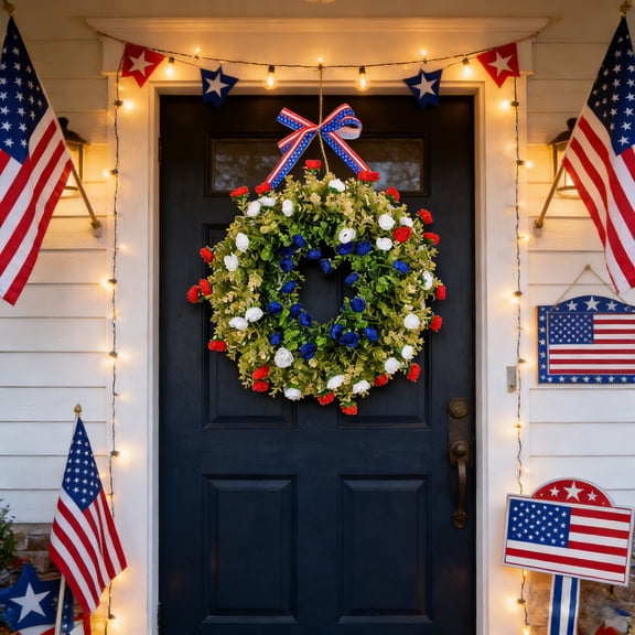 AZXY 17.7 Inch 4th of July Patriotic Wreath, Eucalyptus Greenery Wreath with Red White Blue Roses & American Flag Bow, Americana Decor for Independence Day Memorial Day Front Door Indoor Outdoor