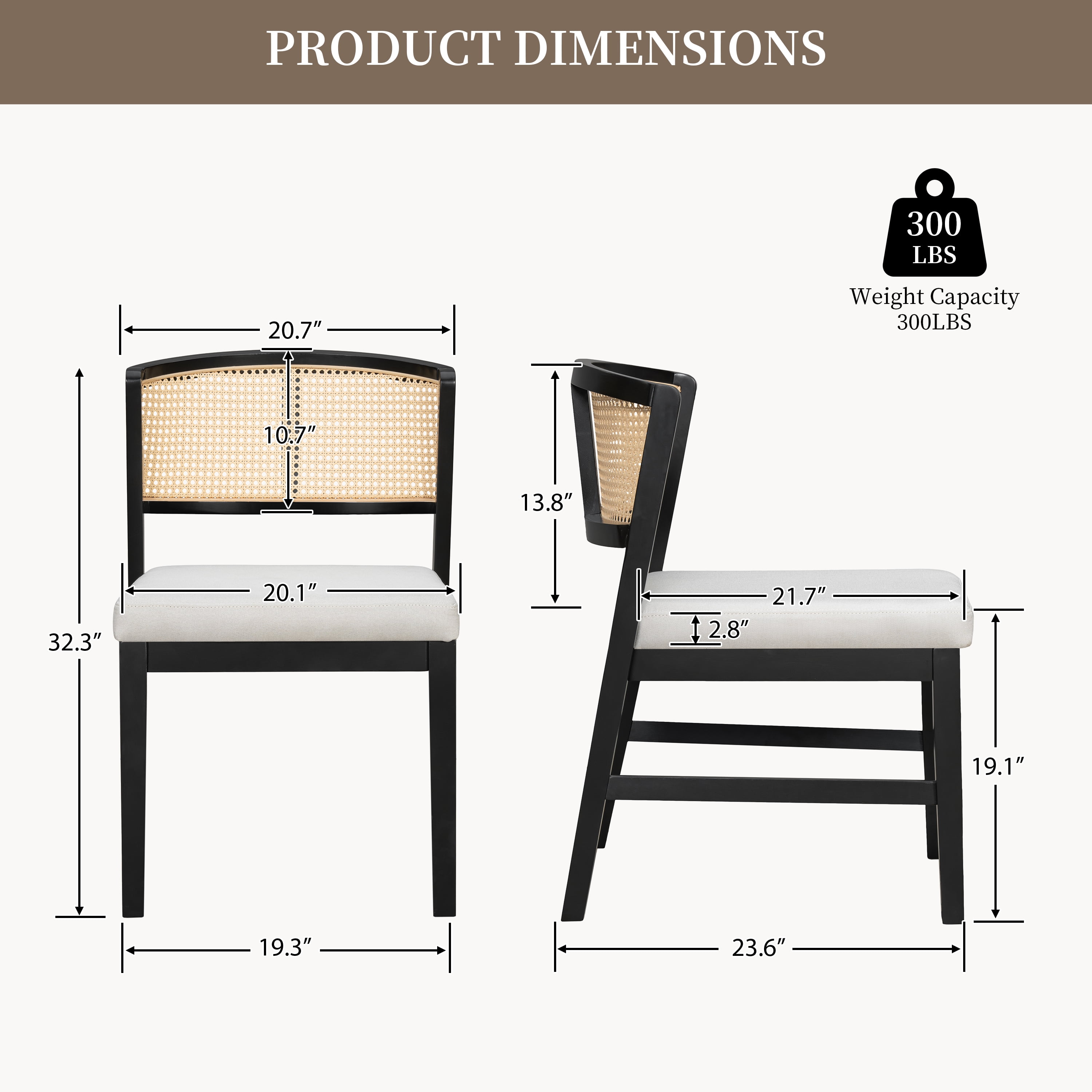 Dining Chair, Set of 2 Rattan Curved Backrest with Black Wood Frame and Beige Upholstered Seat, for Kitchen Dining Room Restaurant
