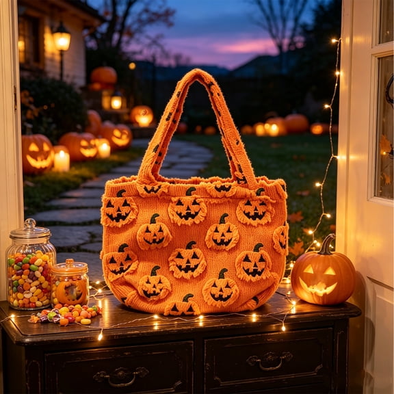 Oceanwell Plush Pumpkin Tote Bag, Soft Orange Halloween Shoulder Handbag, Reusable Shopping Carryall with Plush Texture for Party Travel Daily Use and Fall Seasonal Decor