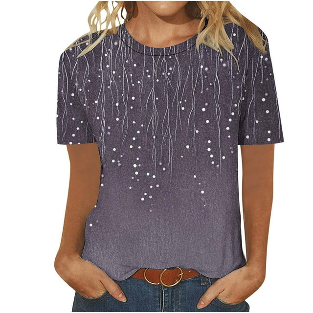 Staron Blouses d'Été pour Femmes 2025 Décontractées Douces à Manches Courtes Imprimé Floral Blouses Tendance Basiques d'Été T-Shirts Tunique Col Rond Marron G