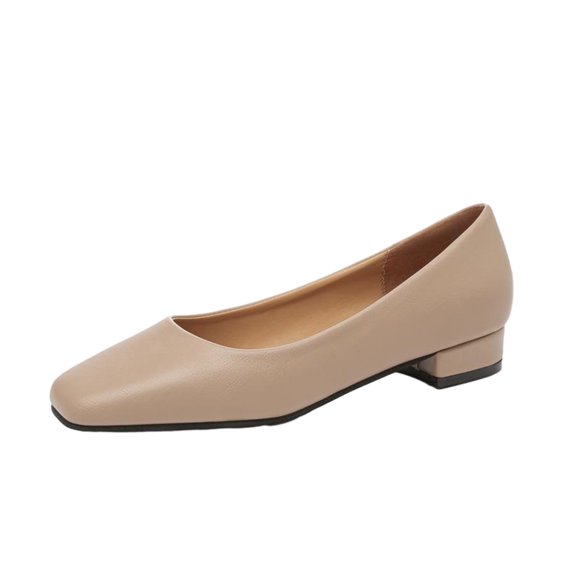 Women's Low Heel Square Toe Flats Comfortable Slip On Shoes PU Leather Block Heel Dress Shoes for Work Office Wedding Party Khaki 37