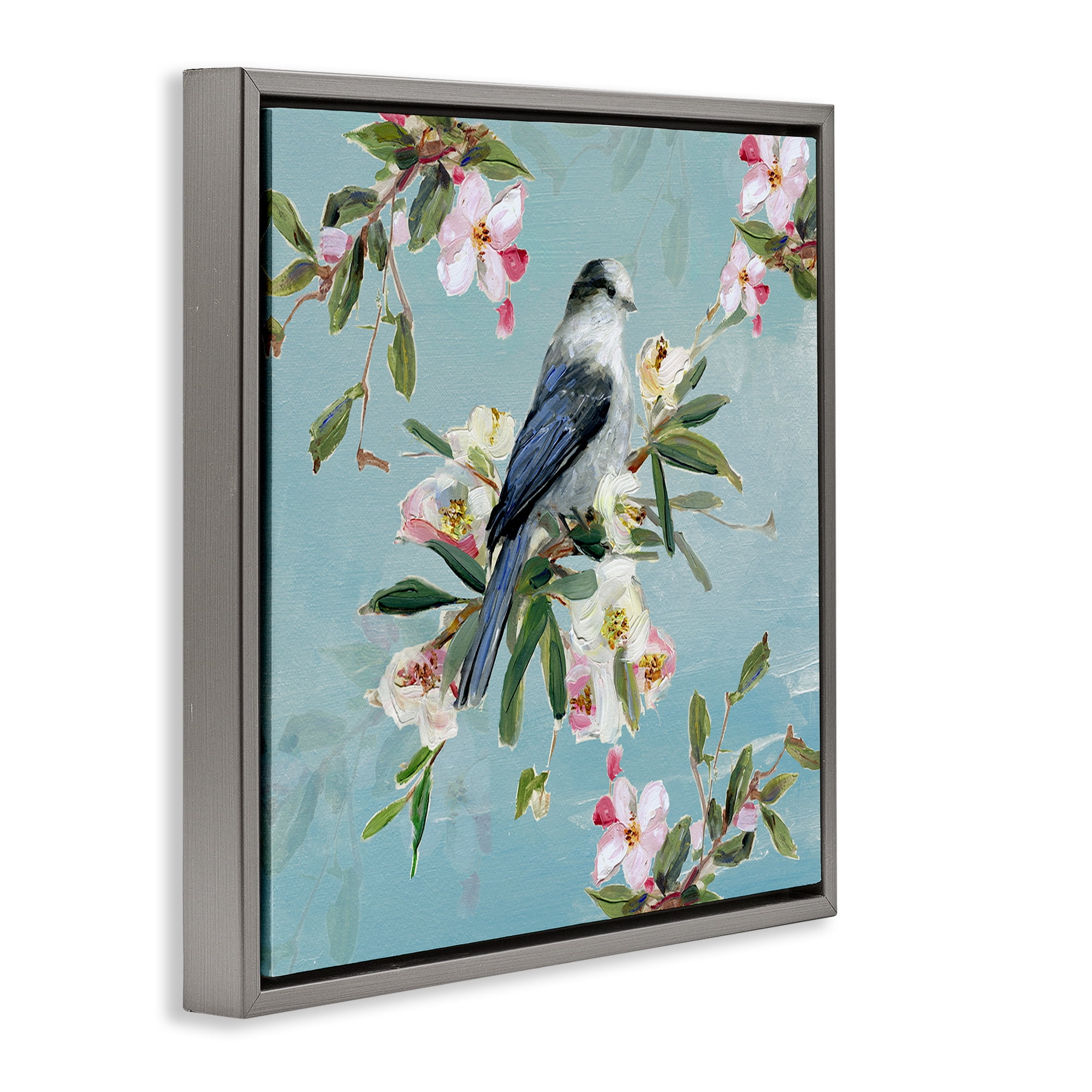 Stupell Industries Pastel Songbird Among Blossoms Gray Framed Floater Canvas Wall Art, design by Sally Swatland