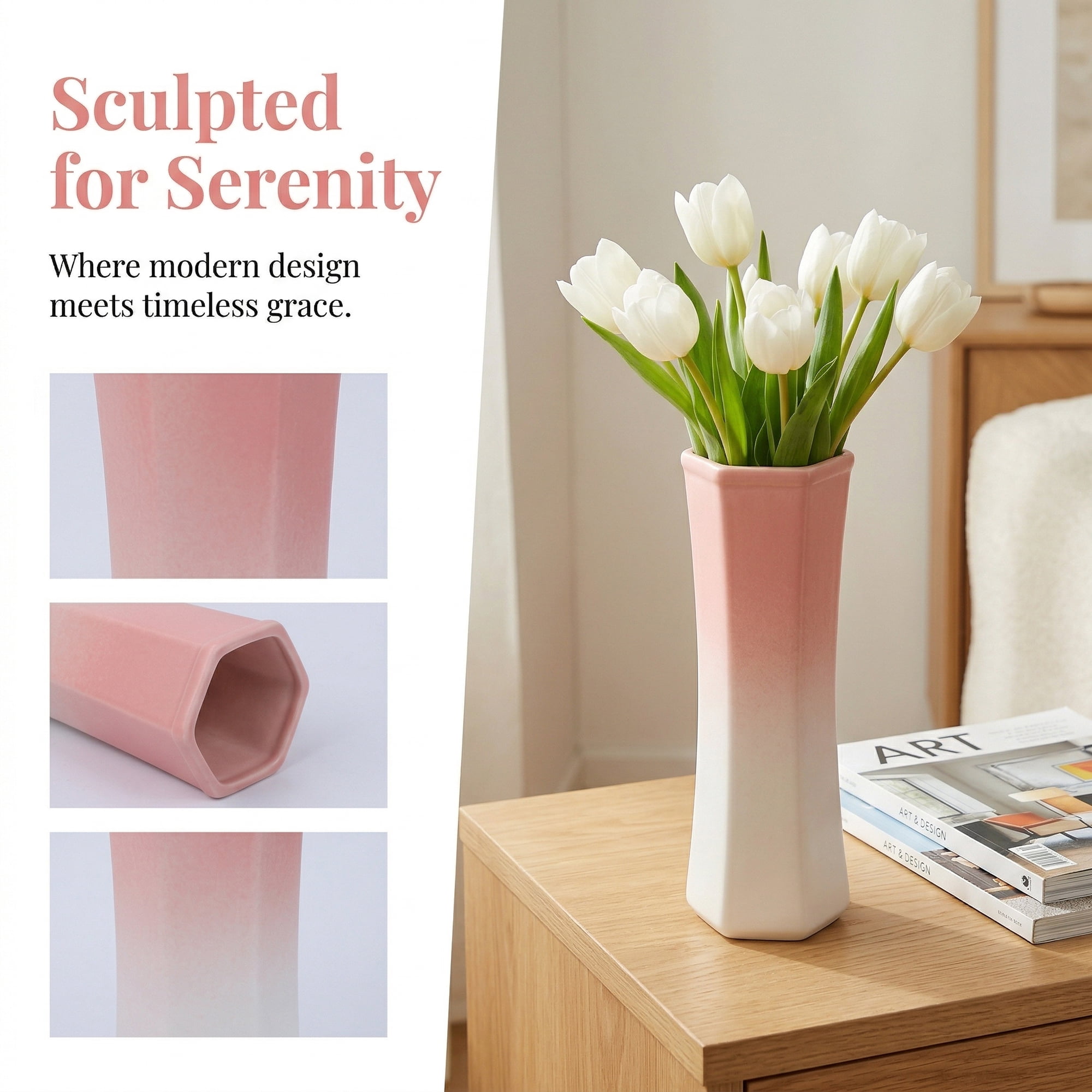 Unique Bargains Modern Tall Ceramic Vase for Decorative Pink 3.0"L x 3.0"W x 9.6"H