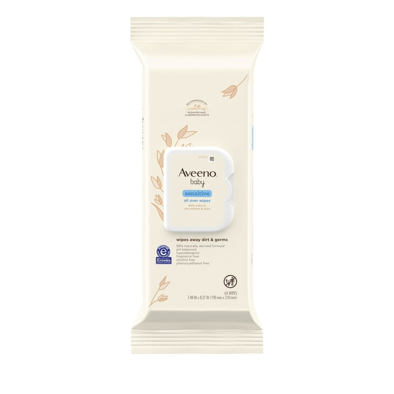 Aveeno Baby All Over Baby Wipes For Sensitive Skin with Oat and Aloe Alcohol and Fragrance Free 64 Ct