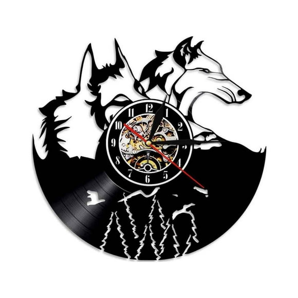 Décor Mural de Bureau, Horloge Murale en Disque Vinyle avec Double Loup au Design Vintage, Horloge Murale Stylisée pour la Déco de la Maison