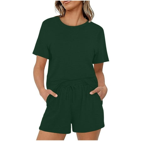 

Women s Summer Casual Pajamas Sets Short Sleeve Crewneck Tops Shirts with Drawstring Shorts Lounge Pjs Sets Sleepwear