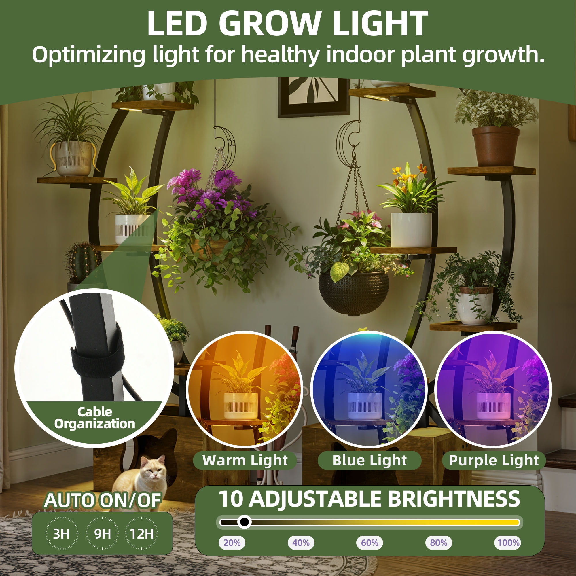 Uforic 65" Plant Stands Indoors with Grow Lights, Half Moon Metal Storge Shelf,Multiple Pots Metal Flower Stands with Cat Litter Box