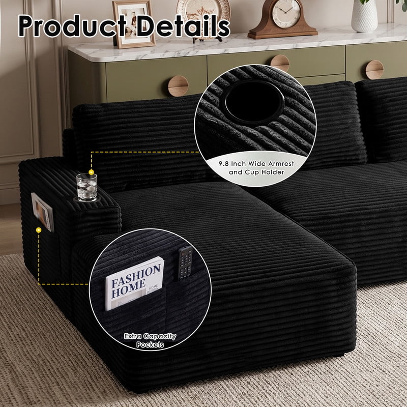 Anpport 104" Boneless Cloud Modular Sectional Couch, Corduroy Sofa with Cup Holders, Side Pockets, Deep Seat, No Assembly Required for Living Room, Black (L‑Shaped, Left Facing Chaise)