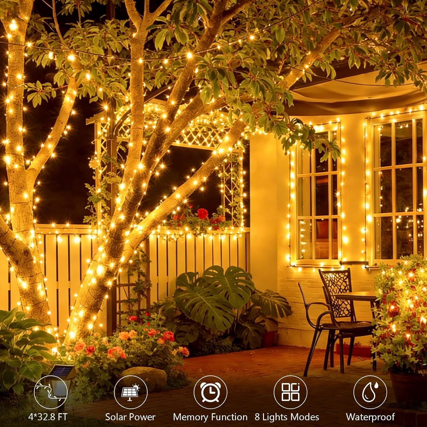 4 Pack Solar String Lights, Total 132Ft 400 LED Solar  Twinkle String Lights  with 8 Lighting Modes Green Wire for Patio Garden Party Yard Wedding Decors (Warm White)