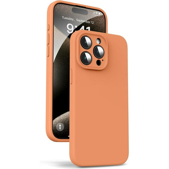 Liquid Silicone Case for iPhone 15 Pro - [Camera All-Round Protection] [Soft Microfiber Lining Anti-Scratch] 4 Layer Full Covered Shockproof Gel Rubber Phone Case Cover, 6.1", Orange