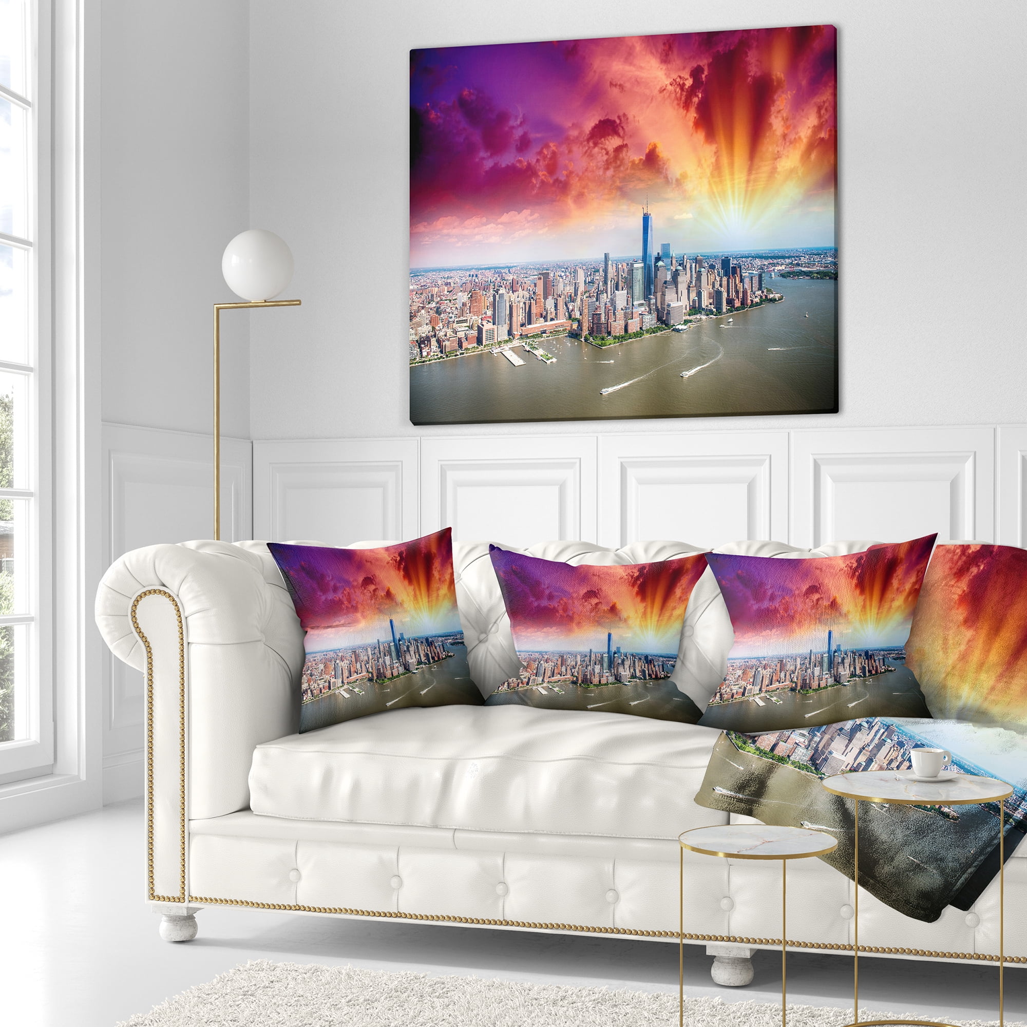 Designart Colorful New York Skyline Aerial View - Modern Cityscape Throw Pillow - 16x16