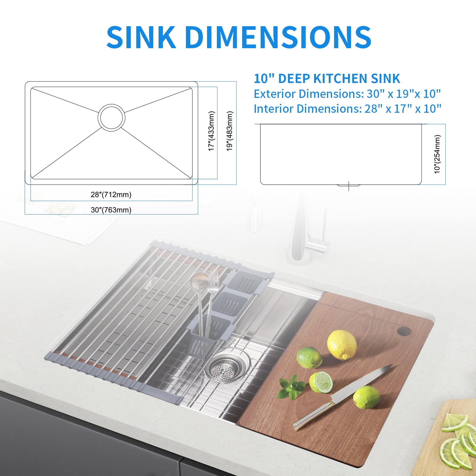 30 Inch Undermount Kitchen Sink Superior Drain Kitchen Sinks 11 Gauge (3mm) Stainless Steel, Single Bowl Integrated Ledge Multifunctional Workstation Set